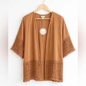 Umgee Women’s PLUS 2XL Boho Coastal Girlcore Kimono Cardigan Linen Blend Tan